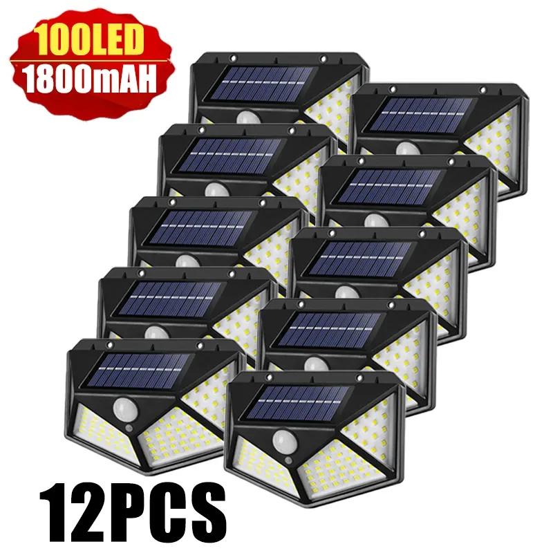 100 LED 태양열 벽 전구 야외 태양광 램프 방수 움직임 감지기 태양광 햇빛 길 전구 정원 장